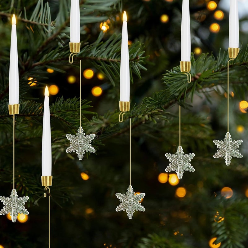 AFINETH Flameless Taper Candles for Christmas Tree Decorations, Battery Operated Christmas Candles with Remote, 12 Pack Flickering LED Candlesticks with Clear Snowflake Hooks for Xmas Tree Decoration - Image 1